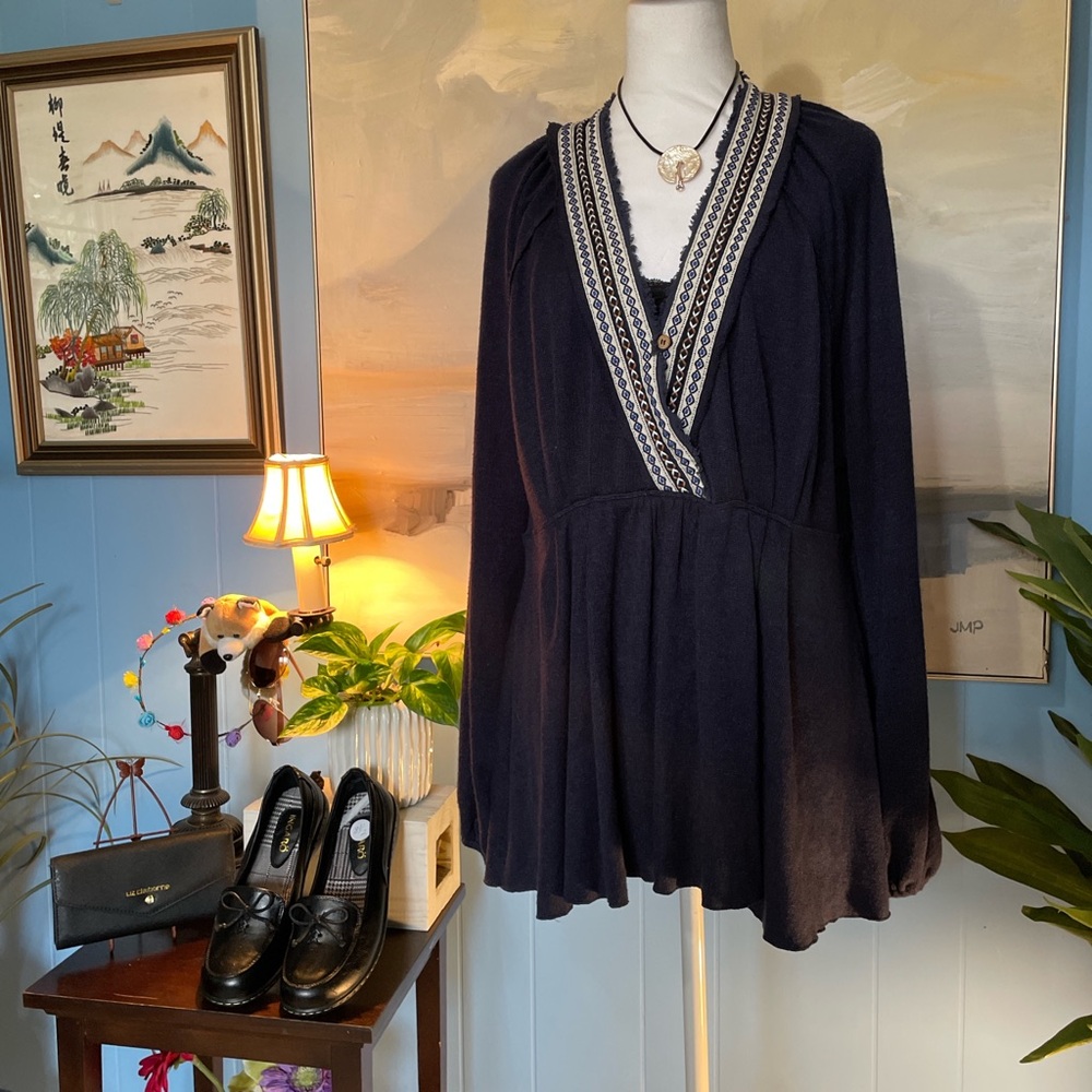 Gibson Navy Blouse with Geometric Trim